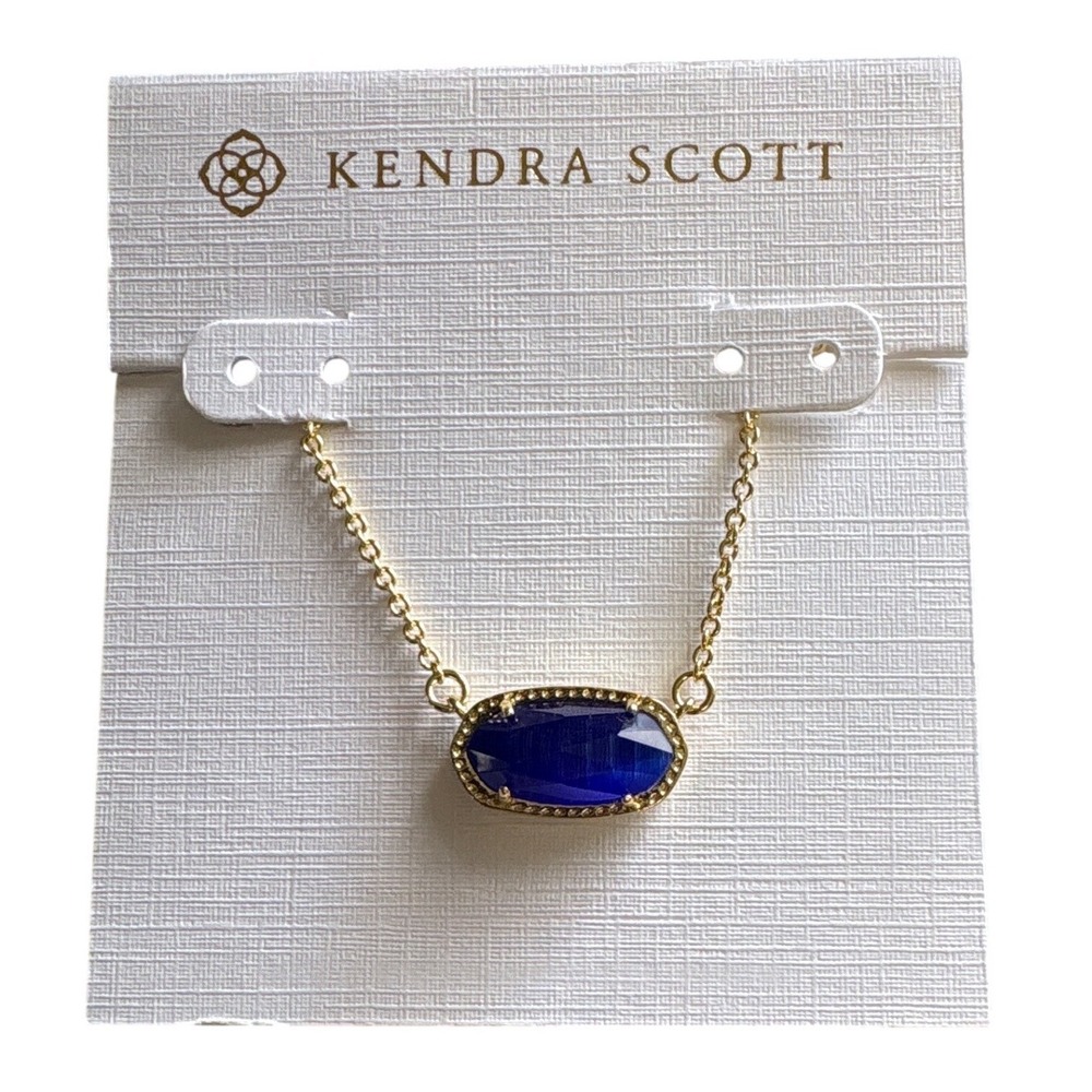 Kendra Scott Elisa Gold Pendant Necklace Cobalt Cats Eye Blue Stone Classic New